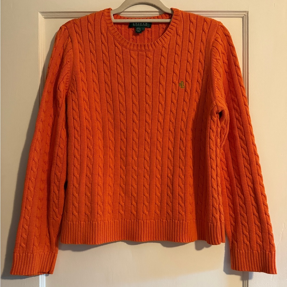 Ralph Lauren Womens Cable-Knit Crewneck Sweater Orange Large Preppy